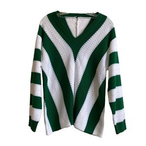 V-neck stripped white and green sweater